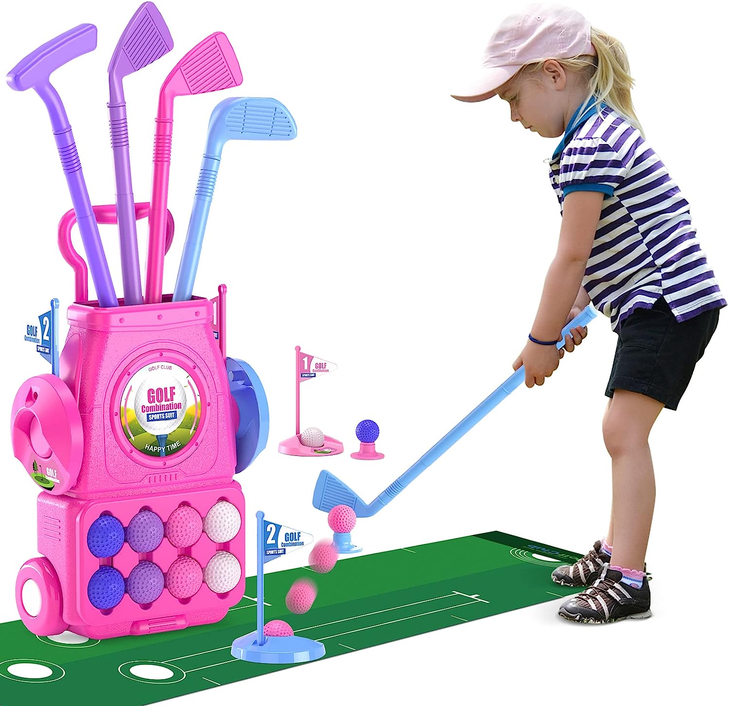 Kids Indoor Outdoor Cart - Set Klub Golf Anak Warna Pink